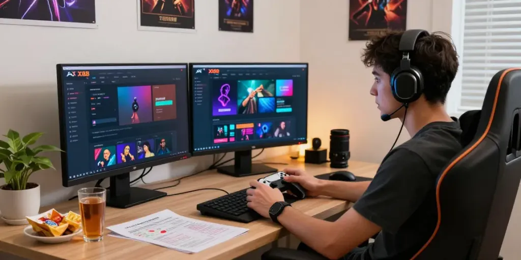 Gamer engaged with the XX88 platform in a modern home office.