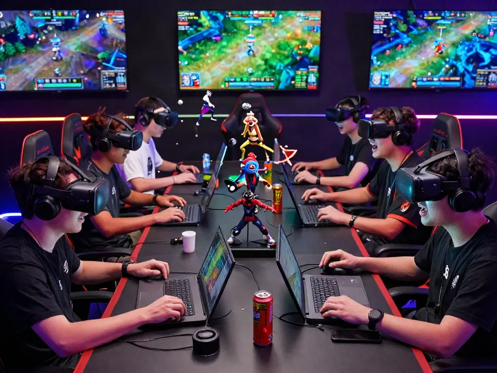 Group of gamers engaged in intense gameplay showcasing akunjp and high-tech devices in a vibrant gaming atmosphere.