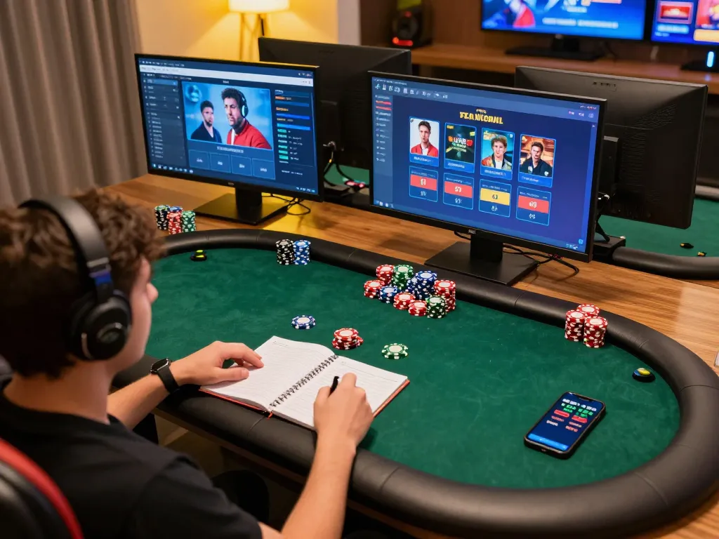 Engaging in strategic online poker at https://lv88.tips/ with organized chips and betting strategies visible