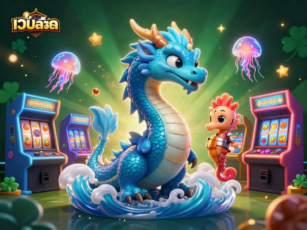 Play เว็บสล็อต with a vibrant scene of a water dragon, slot reels, and glowing elements.