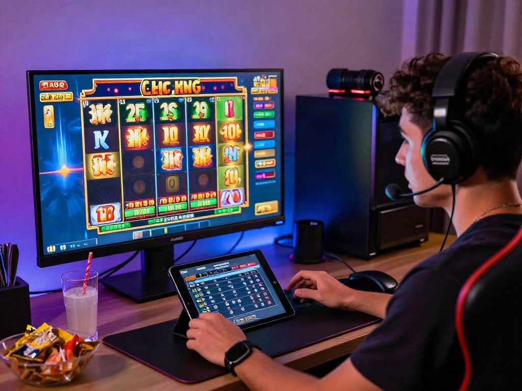 Player enjoying a slot gacor game at home, showcasing gaming excitement and strategy.