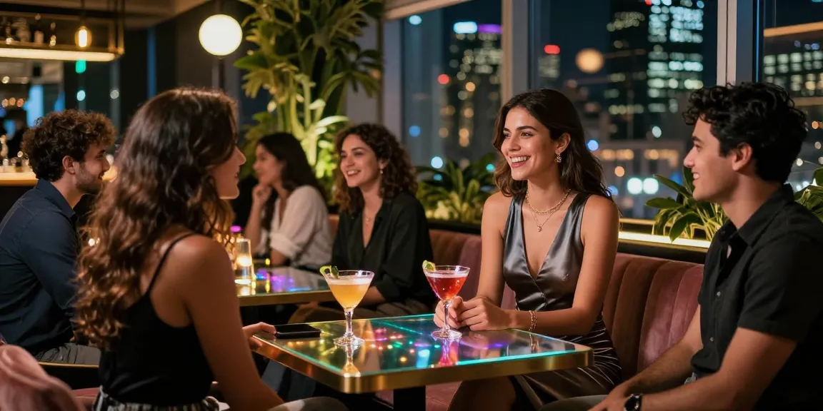 Gái gọi trong không gian bar sang trọng, ánh đèn đêm tạo nên không khí sống động.