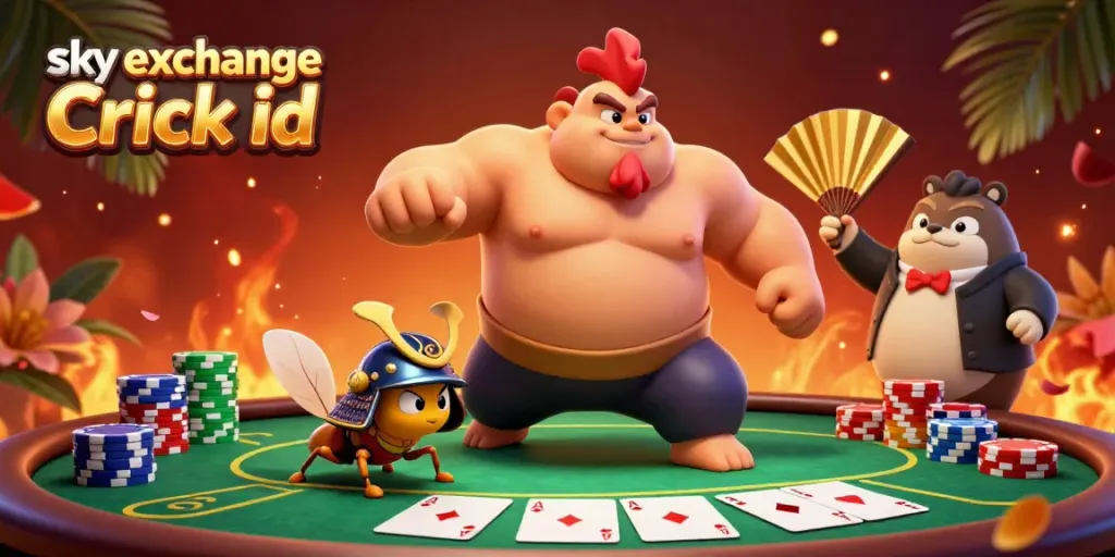 Engage with sky exchange Cricket id in a vibrant 3D illustration of a sumo wrestler rooster, fierce cricket, and tanuki announcer.