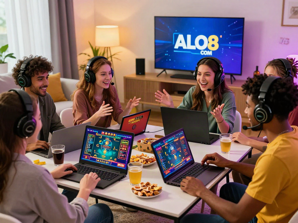 Friends enjoying a lively online gaming session on ALO8 COM platform in a modern living room.