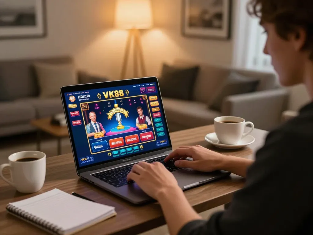 Engaging online casino session at VK88 with player using laptop, warm home setting enhances gaming experience