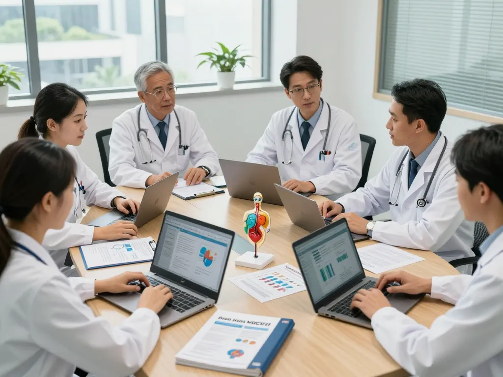 Collaborative healthcare team discussing MB66 film treatment in a modern setting.