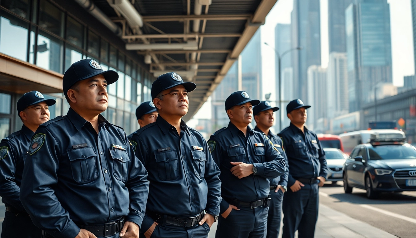 Security agency professionals securing a vibrant urban area, showcasing teamwork and vigilance.