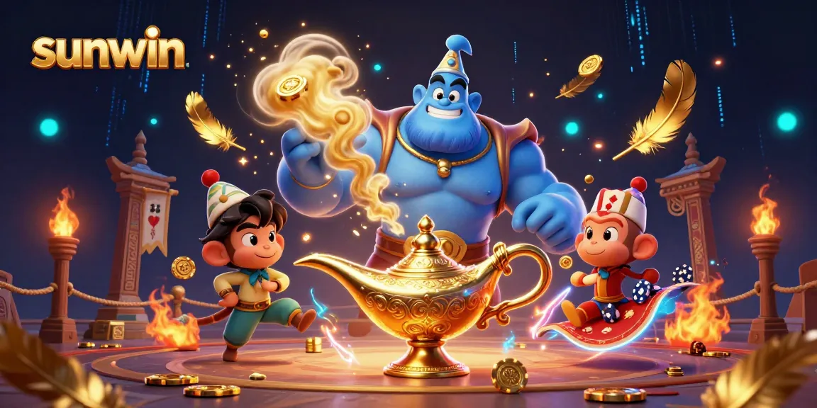 Experience the vibrant sunwin casino energy with a genie and Aladdin-style monkey amidst swirling golden coins and poker chips.