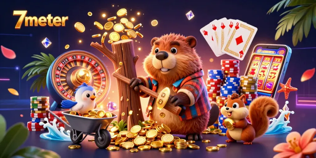 Bet on 7meter as a lumberjack beaver chops coins raining down, surrounded by vibrant casino themes.