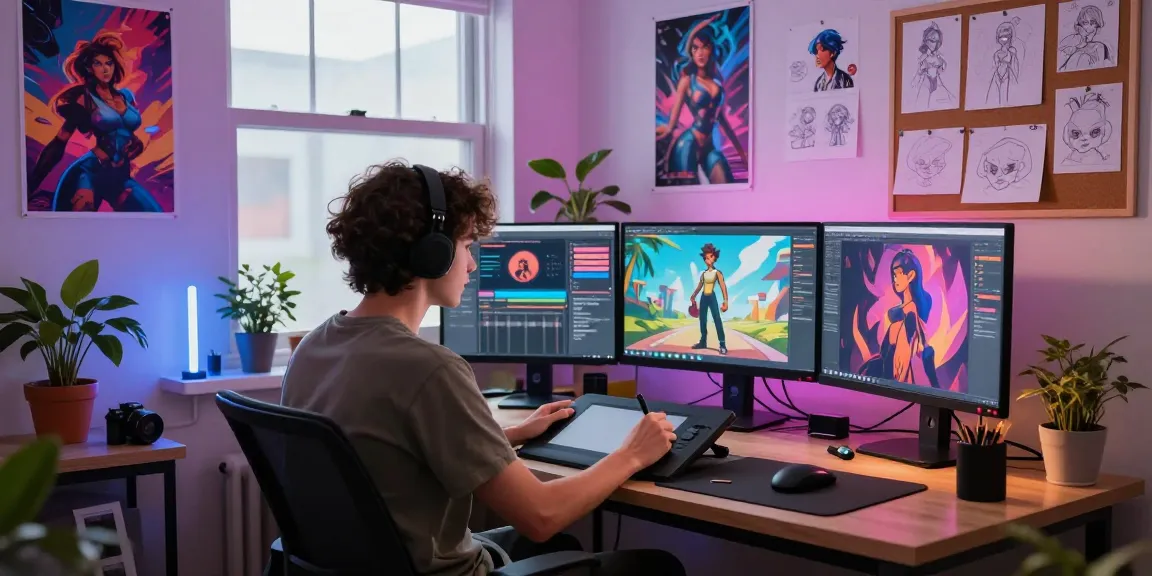 Engaging artist at a vibrant workspace creating NSFW AI character models with digital tools and neon lighting.