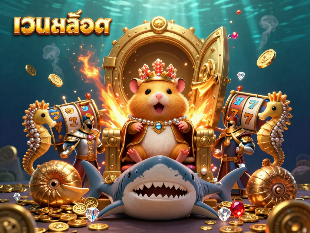 Experience เว็บสล็อต magic with a golden hamster king and treasure-filled underwater scene.