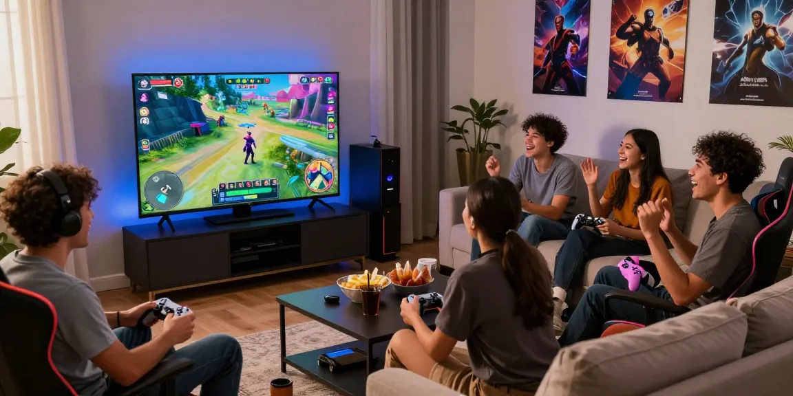 Friends enjoying a lively gaming night with AA88.com featured on the screen, vibrant setup with colorful graphics.