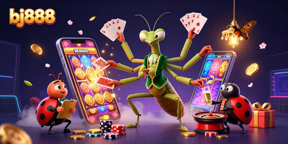 Experience the thrill of bj888 casino with a vibrant 3D illustration featuring cartoon characters engaged in gambling.