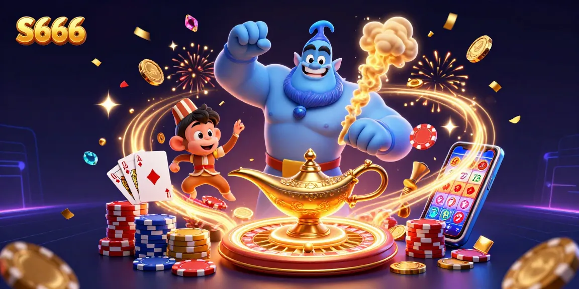 Experience the excitement of S666 with a powerful genie and vibrant casino elements in a rich 3D scene.