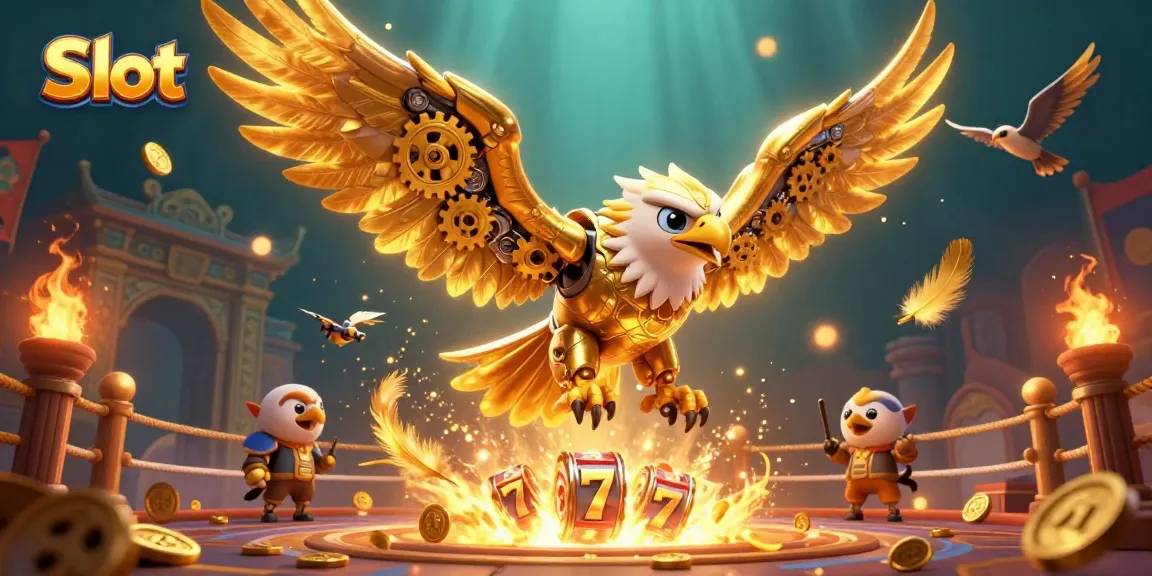 Spin the reels of vibrant slot games with a cybernetic eagle amidst a cascade of luck.
