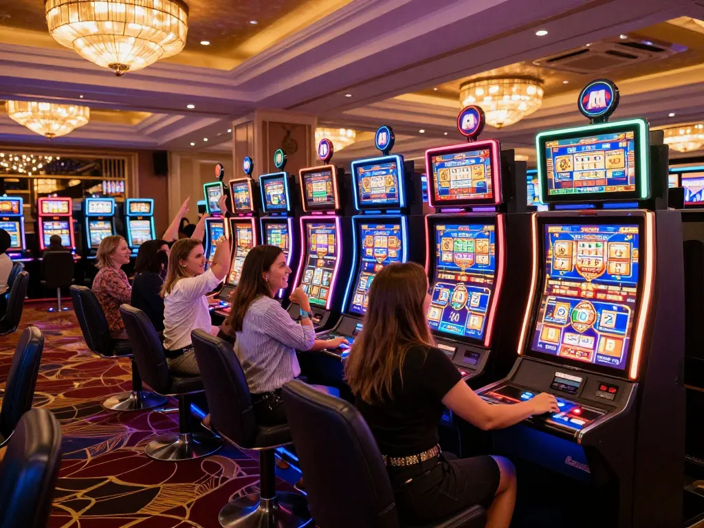 Experience gaming excitement at https://rr88.navy/ with players engaging joyfully at slot machines, celebrating big wins.