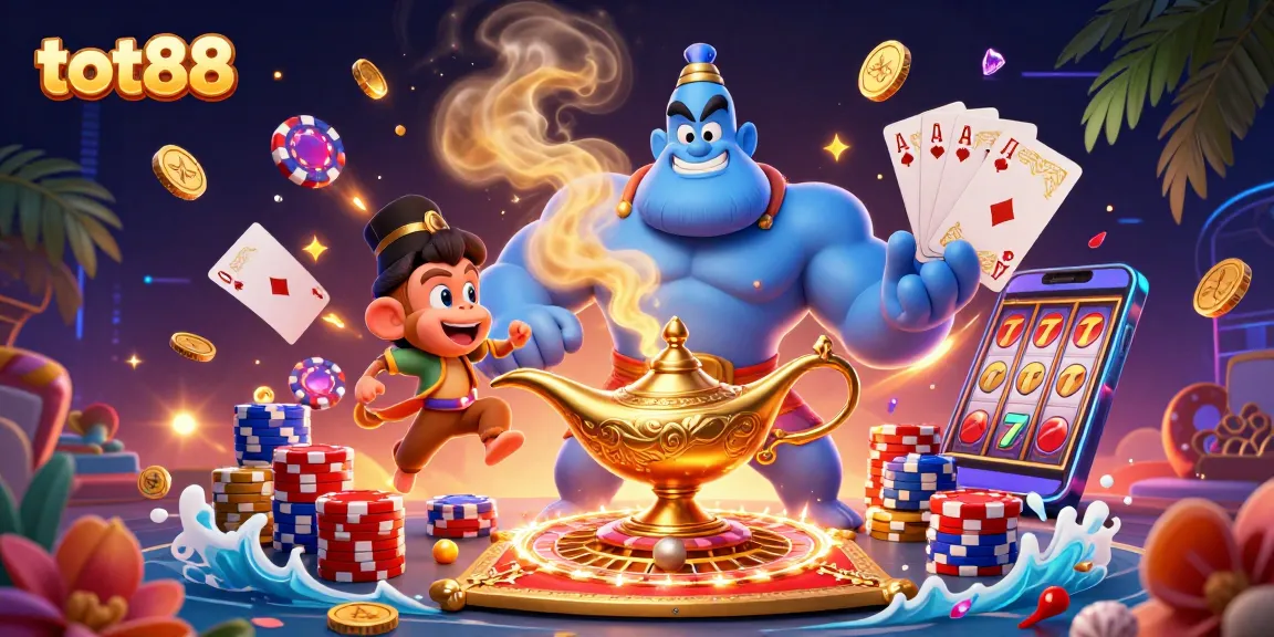 Experience the thrill of tot88 with a dynamic casino scene featuring a genie, monkey, and poker elements.