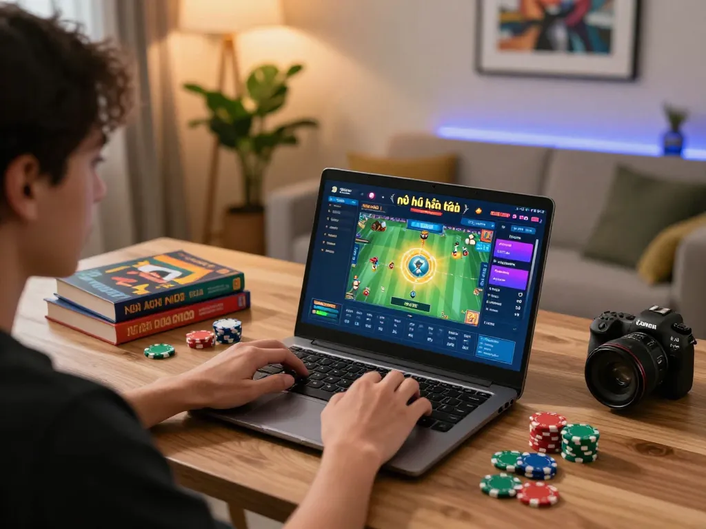 Player engaging in nổ hũ đổi thưởng gameplay on their laptop, showcasing a strategic online gaming setup.