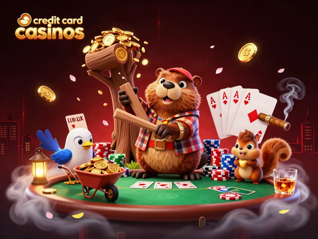 Experience golden coins raining at credit card casinos with cartoon characters in a dynamic casino scene.