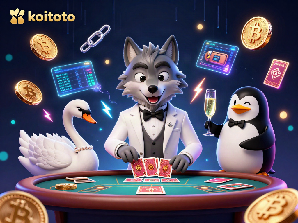 Koitoto showcases a lively card game scene featuring a debonair wolf at baccarat with cryptocurrency elements.