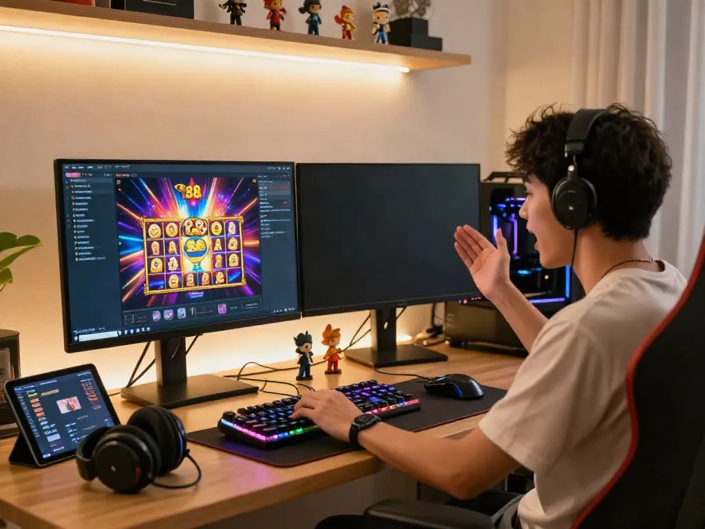 Player enjoying a thrilling slot88 game with vibrant animations and modern gaming setup.