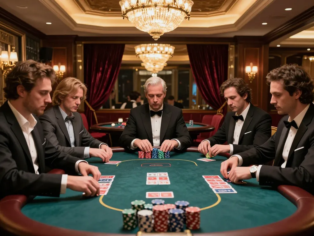 Poker players strategizing during a game at RR88 casino, featuring high-stakes action and polished chips.