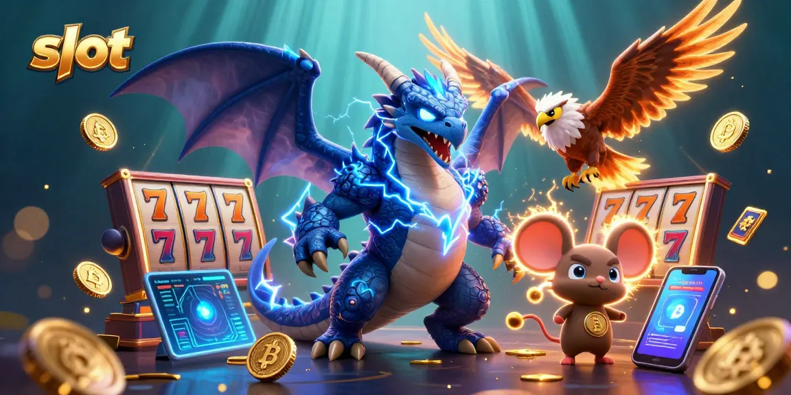 Slot online yang menarik dengan karakter naga, burung elang, dan mouse, dilengkapi dengan simbol slot yang mengesankan.