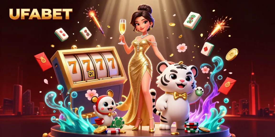 Win big with UFABET online casino featuring a glamorous woman and lucky tiger in a vibrant gaming scene.