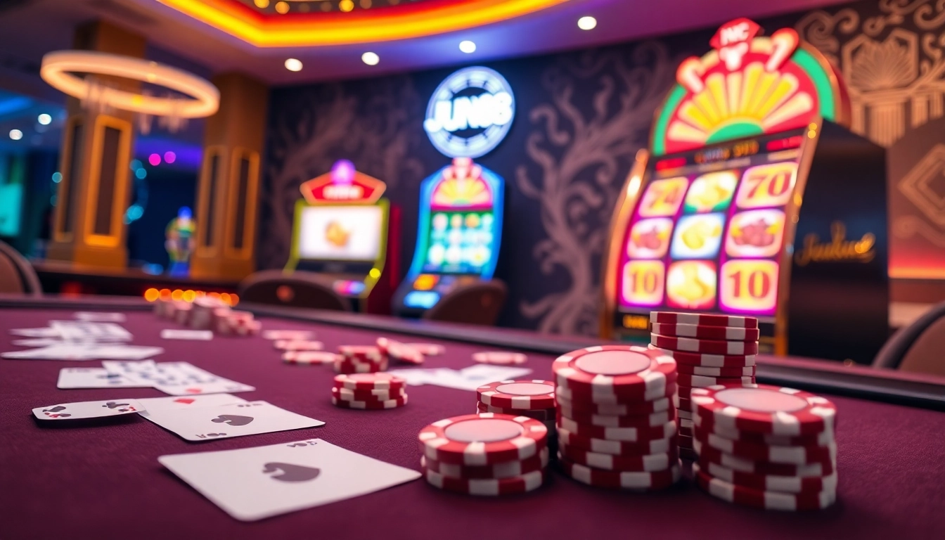 Exciting gaming table scene highlighting Jun88 poker chips and vibrant slot machine lighting.