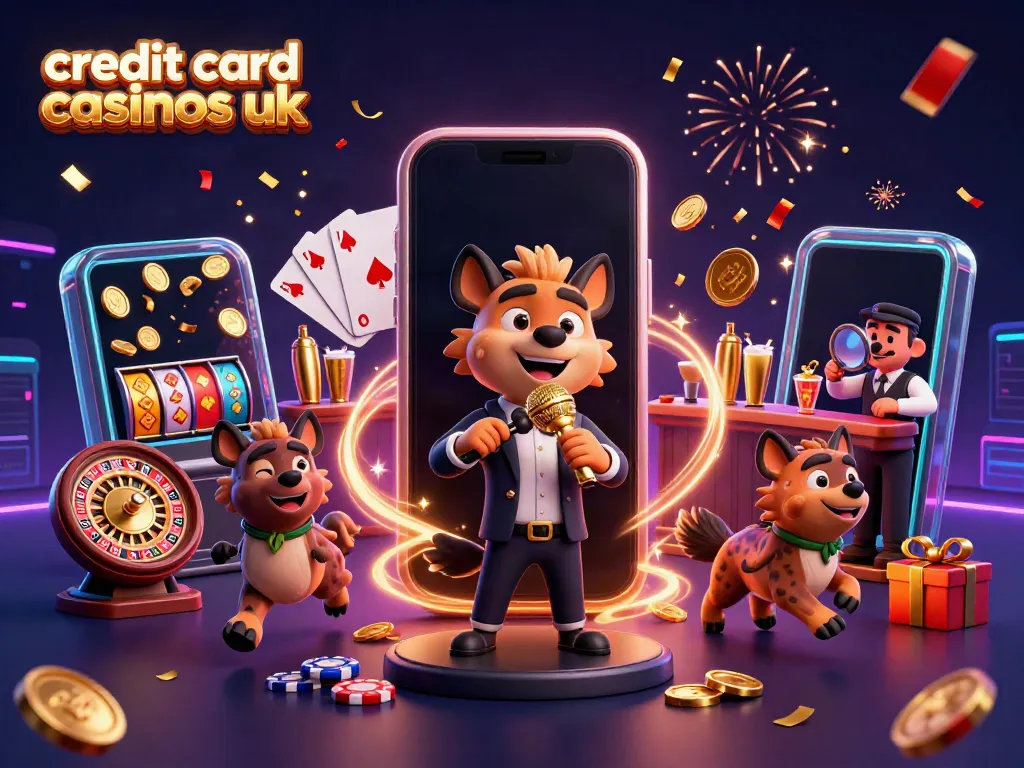 Experience the thrill at credit card casinos uk with vibrant hyena characters in a lively casino scene.