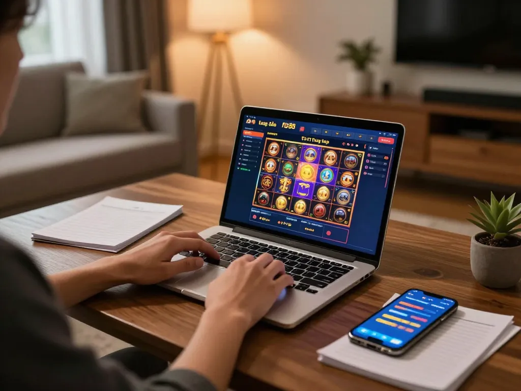 Engaging scene of online gaming at home, showcasing Tr88 trang chủ among strategic notes and a laptop.