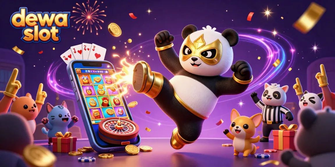 Engage with dewa slot action as a panda wrestler and chihuahua referee celebrate in a lively casino.