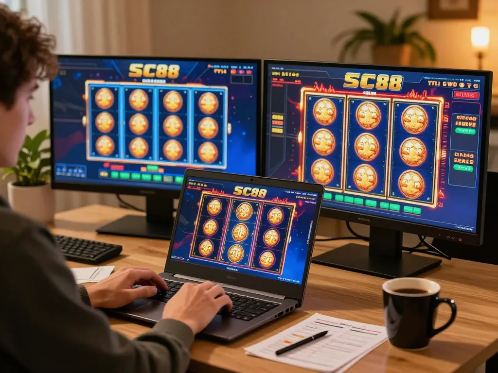 Enjoying immersive SC88 gaming experience on a stylish laptop setup with vibrant screens.