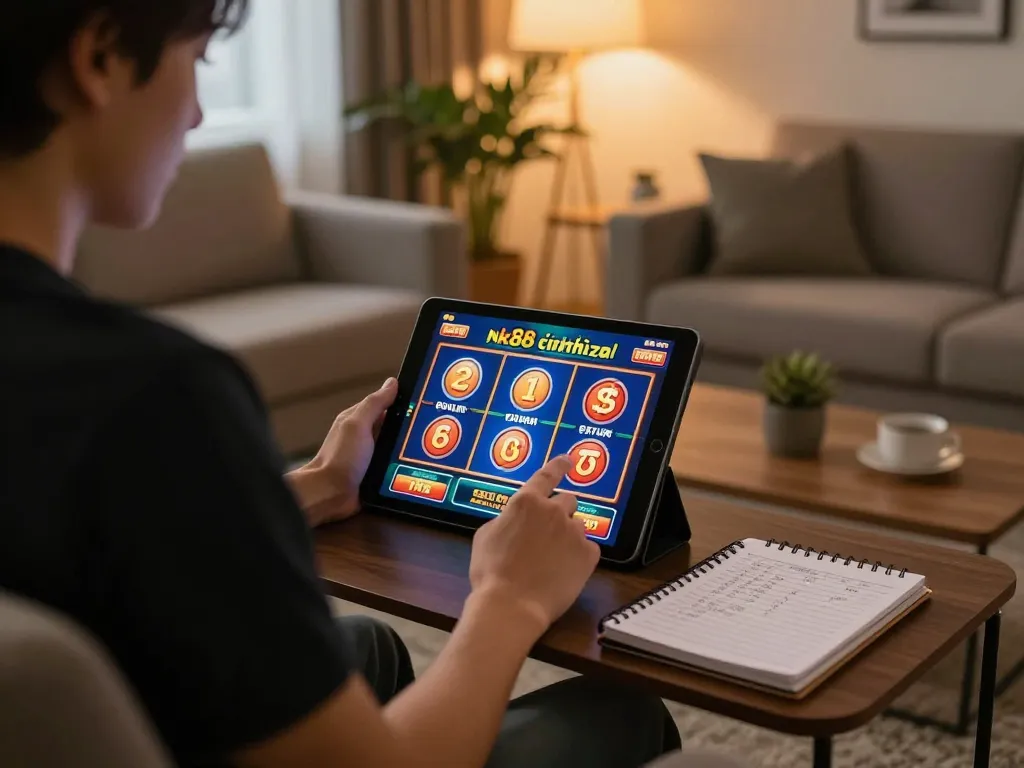 Engaging in online slots at Nk88 chính thức, showcasing strategic gameplay in a cozy setting