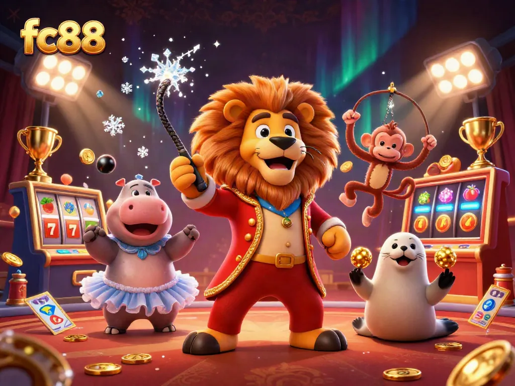 Win big at fc88 with lively casino characters and slot elements in a vibrant 3D scene.