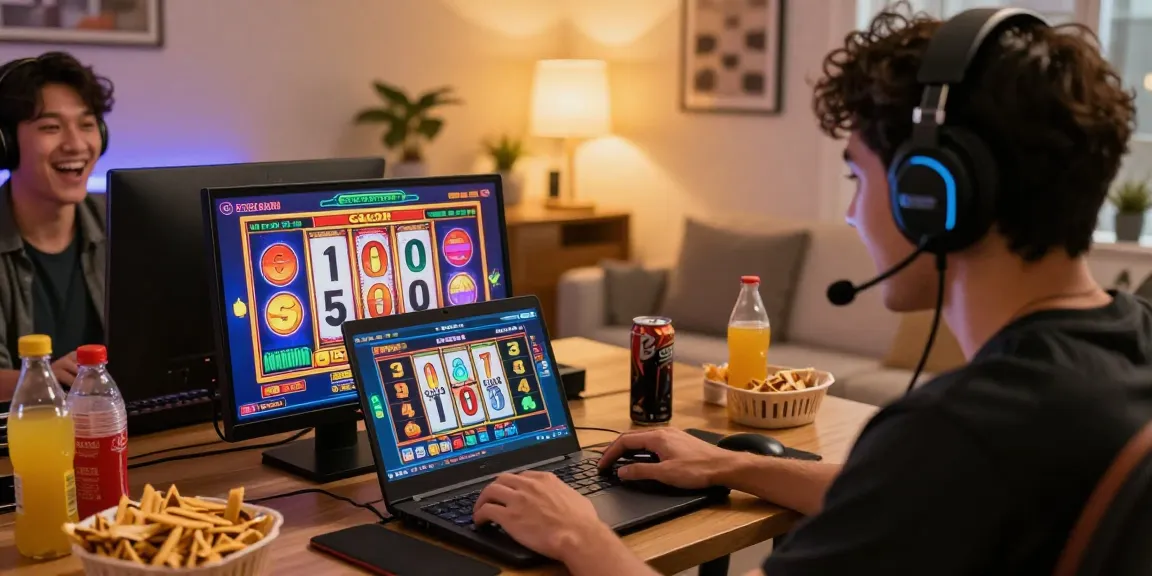 Excited player enjoying slot gacor game in cozy home setting with lively graphics and immersive atmosphere.
