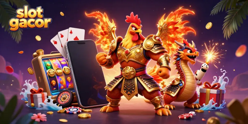 Engage in exhilarating slot gacor experiences with a powerful fighting rooster and dragon in a vibrant casino setting.
