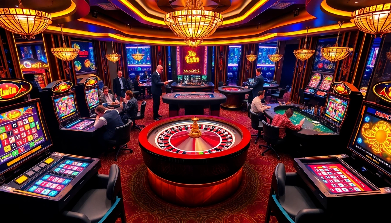 Exciting gaming action at 13win's luxurious casino, featuring roulette, poker chips, and vibrant slots.