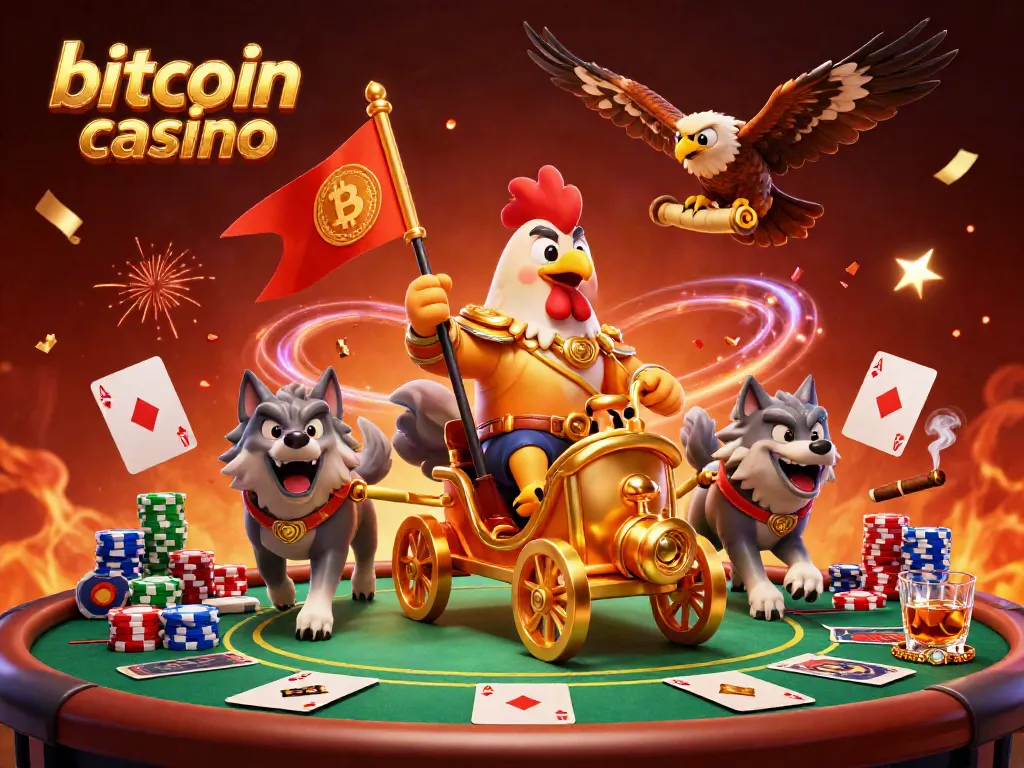 Experience the excitement of a bitcoin casino with a rooster warlord in a dynamic poker scene.