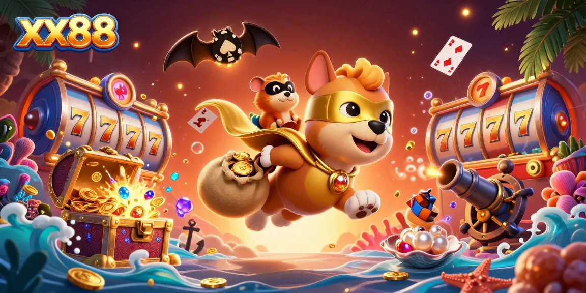 Experience thrilling moments with xx88's cartoon hero dog as it delivers gold in a vibrant casino scene.