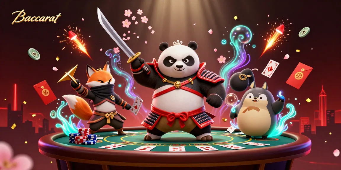 Baccarat scene with a samurai panda, ninja fox, and magical tanuki at a baccarat table, creating a festive atmosphere.