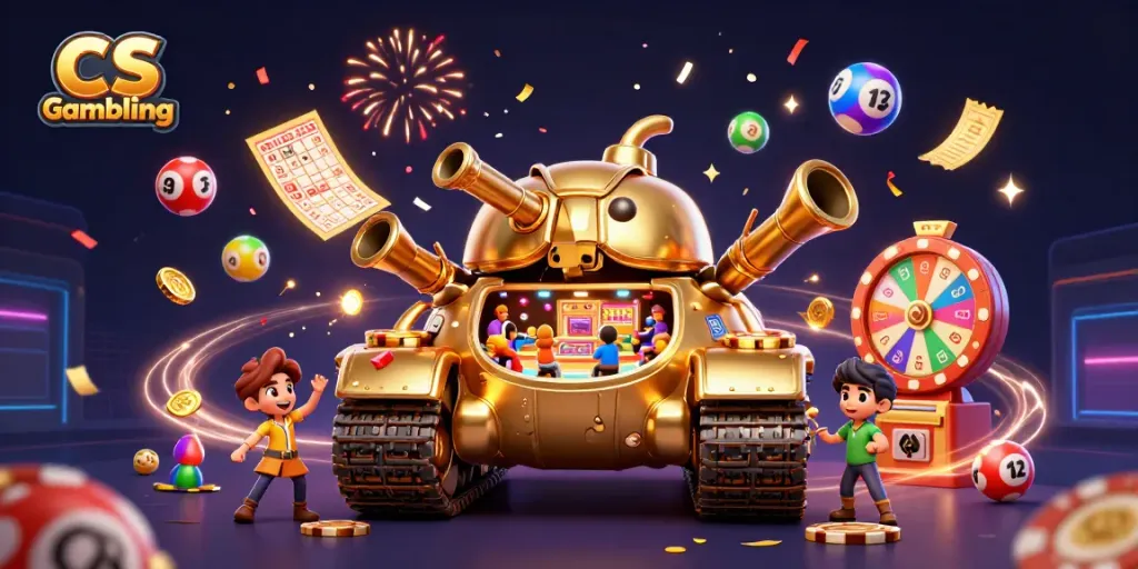 Experience the excitement of CS Gambling with a vibrant 3D casino illustration featuring a golden beetle tank.