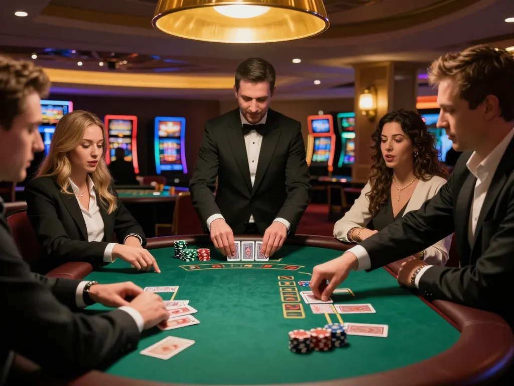 Pemain Planet77 melakukan taruhan strategis di meja blackjack mewah di kasino yang semarak