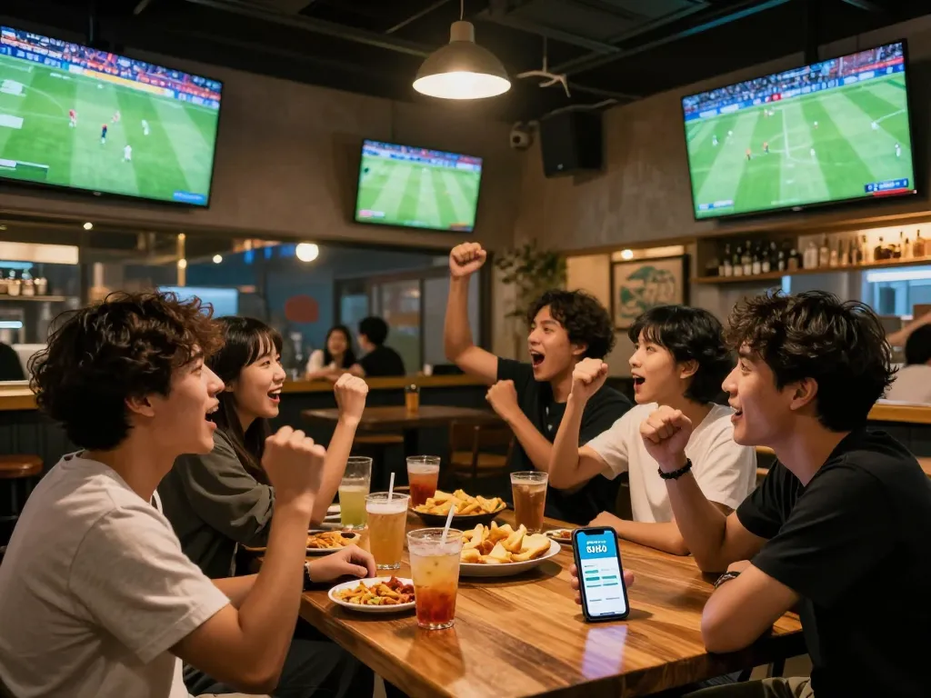 Soi Kèo users celebrating a goal while checking live betting odds at a lively sports bar.