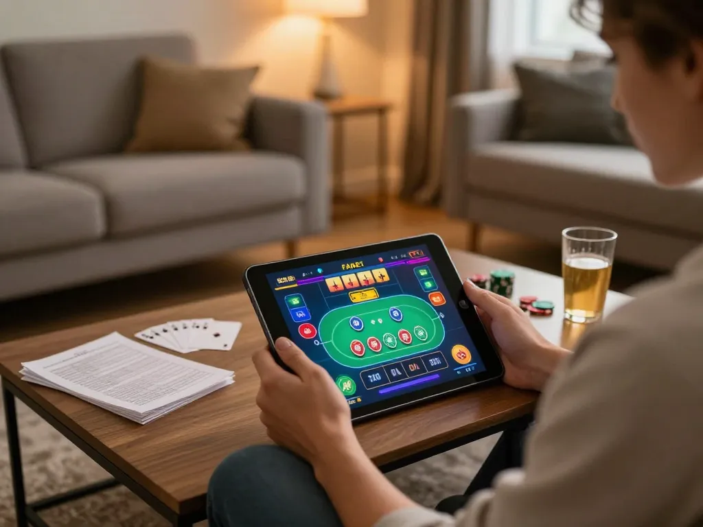 Engaging with fabet online poker interface on tablet in a cozy living room setting.