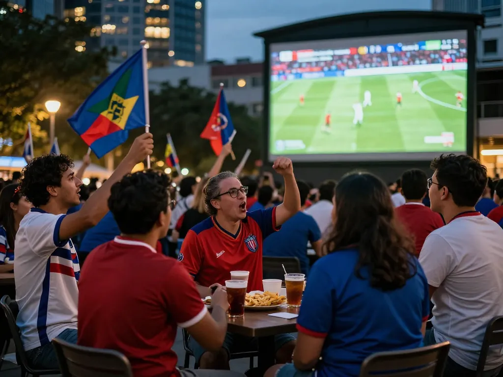 Football fans celebrating live match on https://cakhiatvcc.tv/ outdoor screen with excitement.