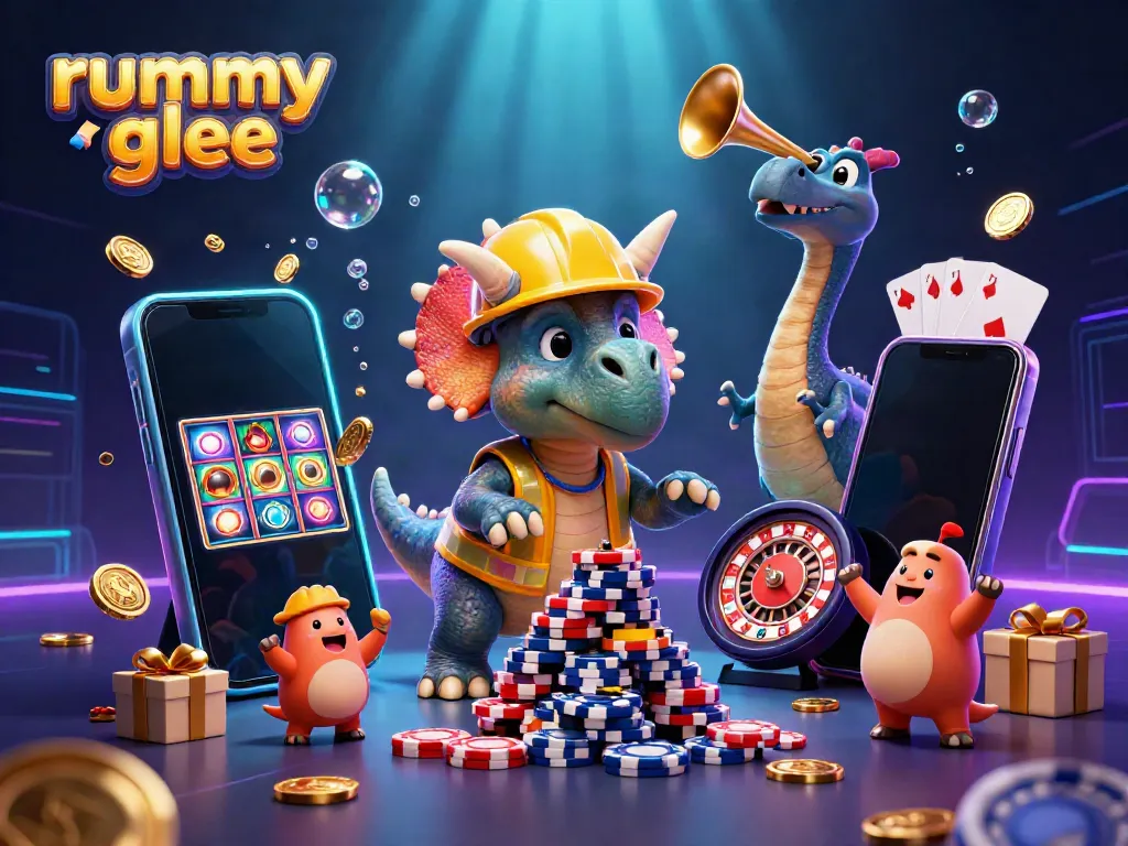 Permainan rummy glee yang menyenangkan dengan karakter animasi dan elemen permainan kasino.