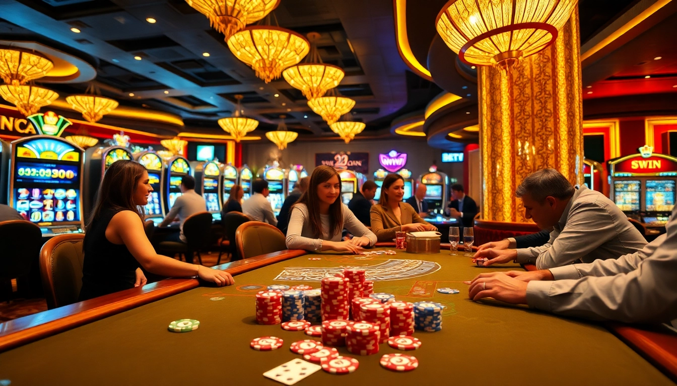 32WIN casino atmosphere featuring vibrant gaming tables and excited players enjoying their experience.