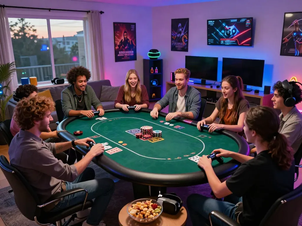 Friends enjoying an exciting akunjp online poker game in a lively gaming room.
