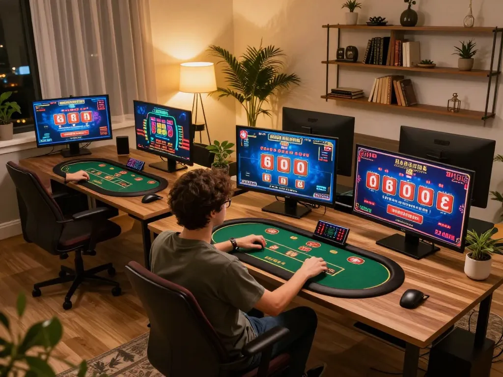 Engaging in strategic online gaming with o8 com on multiple screens in a cozy home setting.